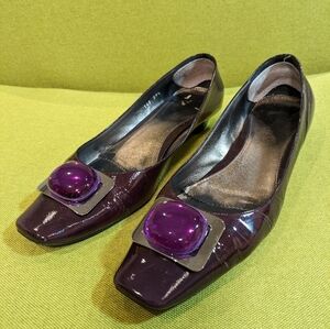 Ron White Patent Leather Flats Purple Acrylic Buckle Square Toe 39.5